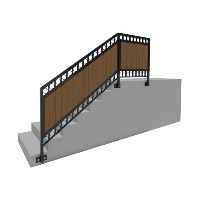 Modell 16 – Moderner Zaun mit Holzoptik-Füllung und dekorativen Ringen